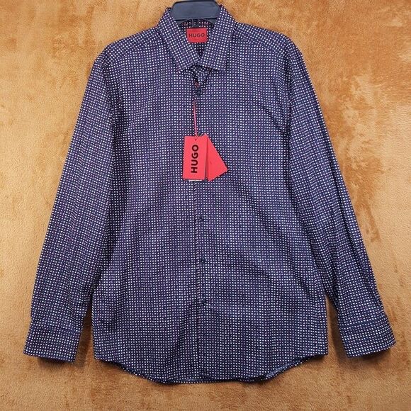 HUGO BOSS Shirt Mens 16.5 42 Navy Geo Dot Button Up Slim Fit KENNO $128 - Picture 2 of 10